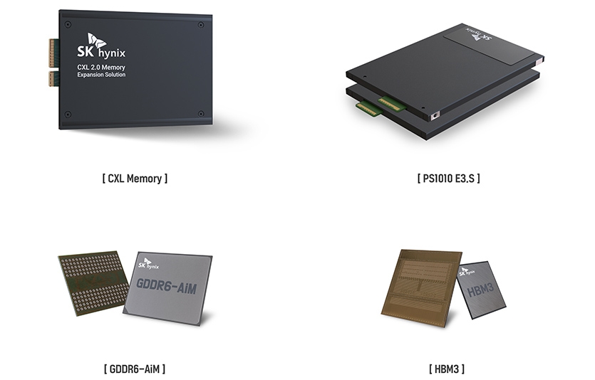 (왼쪽 위부터 시계 방향) CXL 메모리, PS1010 E3.S, HBM3, GDDR6-AiM. 사진=SK하이닉스