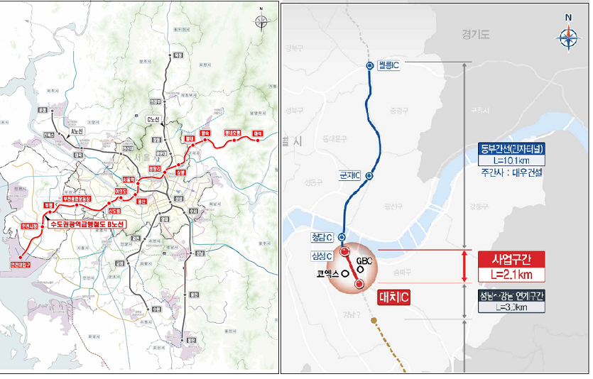 GTX-B노선도(왼쪽)과 동부간선도로 지하화 4공구 구간. 자료=대우건설