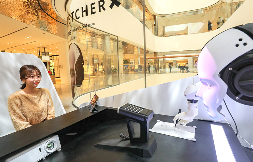 더현대 서울 팝업 행사장에서 고객이 AI 드로잉 로봇을 체험하고 있다. 사진=현대백화점