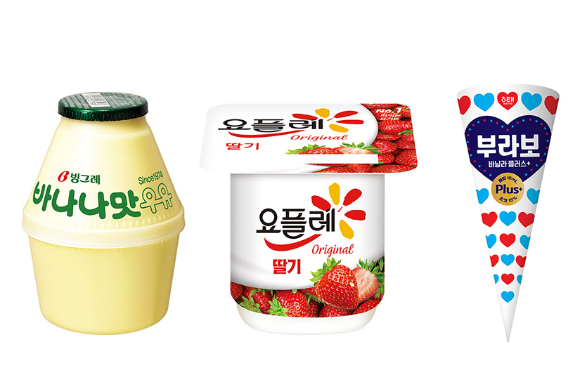 (왼쪽부터) 빙그레 바나나맛우유·요플레, 해태아이스크림 부라보콘. 사진=빙그레