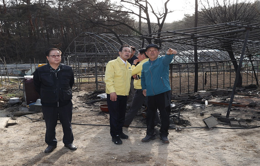 이성희 농협중앙회장(사진 가운데)은 강원도 강릉시 산불피해현장을 찾아 피해현황을 살피고 농업인을 위로하고 있다.
