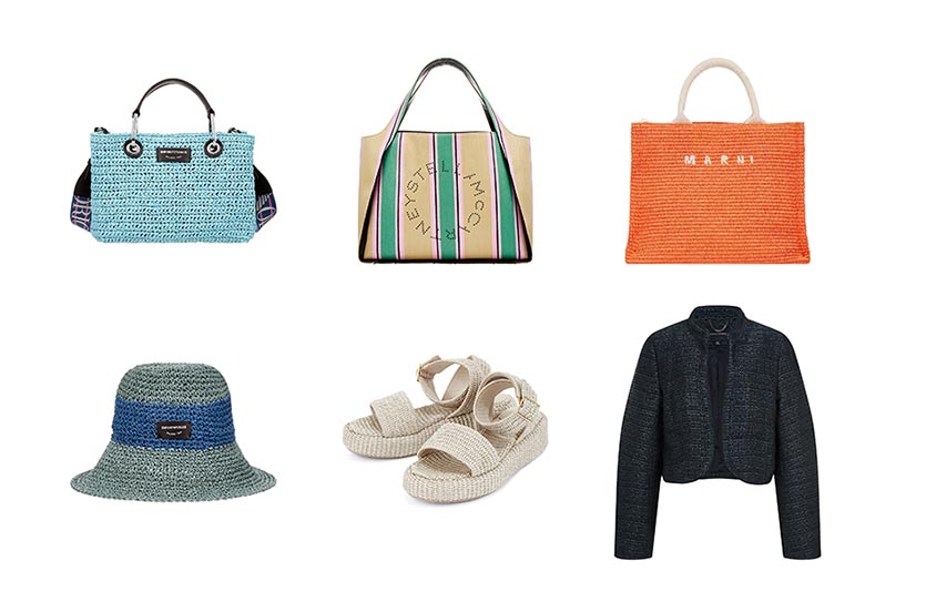 (윗줄 왼쪽부터) 엠포리오 아르마니, 스텔라 매카트니, 마르니 가방 (아랫줄 왼쪽부터) 엠포리오 아르마니 스트로 햇, 엠포리오 아르마니 스트로 샌들, 바나나리퍼블릭 크롭 라피아 트위드 재킷사진=신세계인터낸셔날