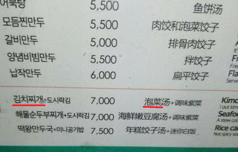 식당 메뉴판에서 김치찌개의 김치를 ‘파오차이(泡菜)’로 잘못 번역한 모습. ‘신치탕(辛奇汤)’으로 표기하는 게 옳다. 사진=서경덕 교수