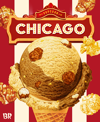 SPC 배스킨라빈스가 미국 시카고 극장과 팝콘을 콘셉트로 개발한 6월 이달의 맛 ‘시카고 팝콘’을 출시한다. 이미지=SPC그룹