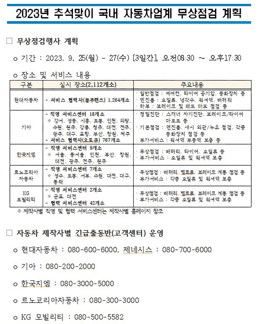 2023년 추석맞이 국내 자동차업계 무상점검계획 1부. 자료=한국자동차모빌리티산업협회