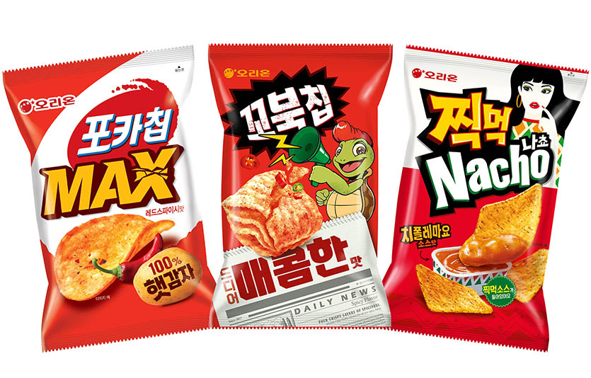 오리온 꼬북칩 매콤한맛·포카칩 MAX 레드스파이시맛·찍먹 나쵸 치폴레마요소스맛. 사진=오리온
