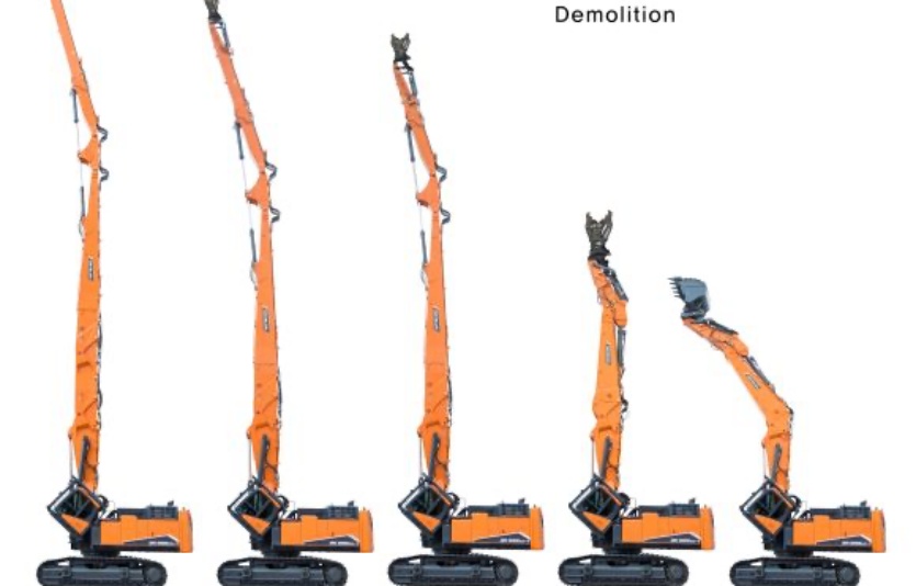 130톤 철거용 굴착기 프론트 옵션별 높이비교. 사진=HD현대인프라코어