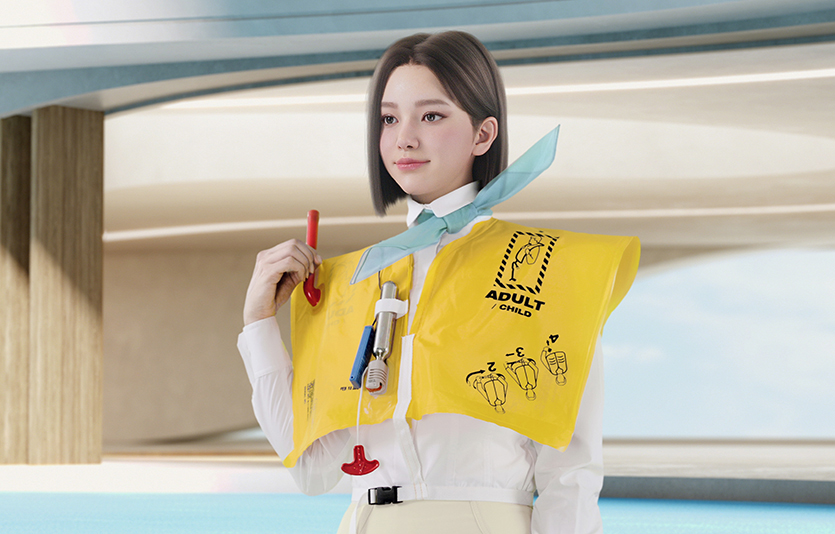 대한항공 승무원 복장을 한 ‘버추얼 휴먼(가상인간)’이 설명하는 기내 안전 비디오 화면. 사진=대한항공