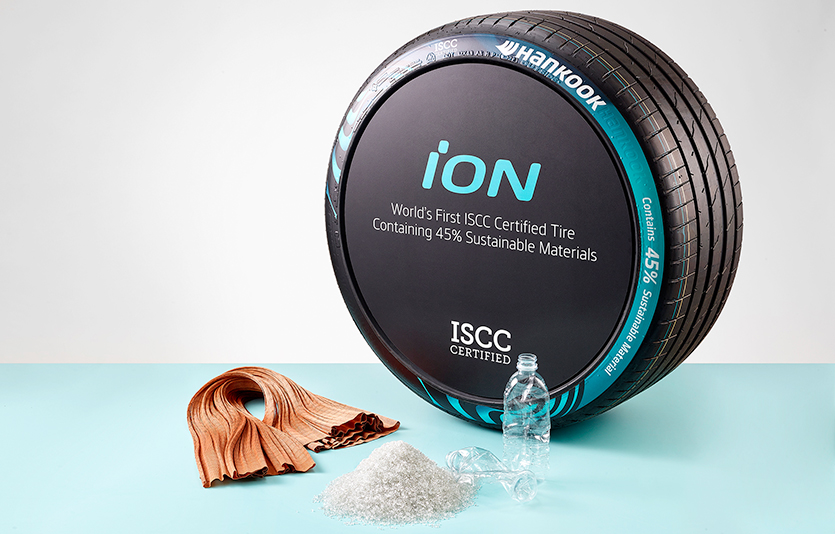 한국타이어앤테크놀로지와 효성첨단소재, SK케미칼이 협력해 국내 최초로 화학적 재활용 페트 섬유 타이어코드를 적용한 전기차 전용 타이어 ‘아이온(iON)’. 사진=한국타이어