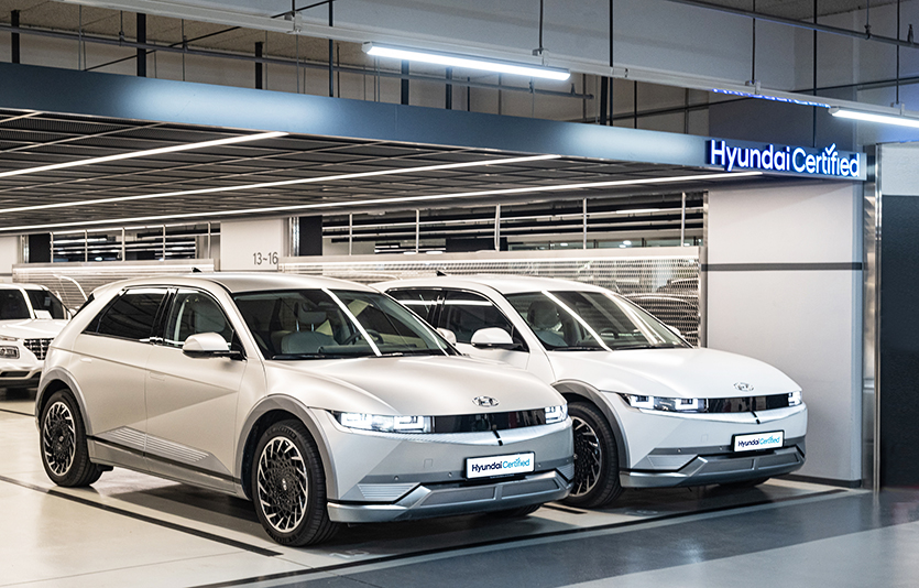 경기 용인시 영덕동 오토허브에 있는 ‘현대 인증 중고차 상품화센터’에 아이오닉 5 인증 중고차가 전시돼 있다. 사진=현대자동차