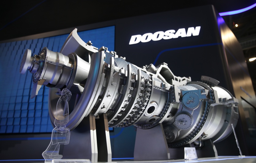 미국 라스베거스에서 열린 CES 2024에서 선보인 두산에너빌리티 수소터빈 모형. 사진=두산에너빌리티