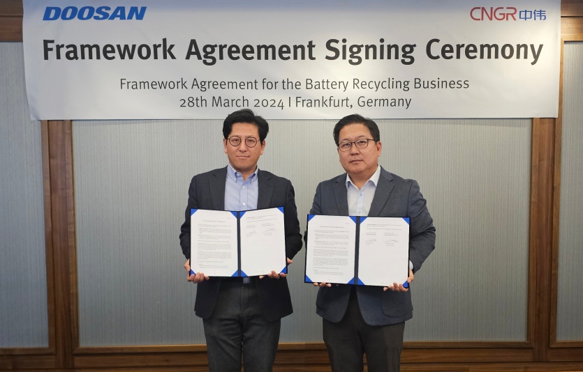 두산리사이클솔루션-CNGR, 배터리 소재 리사이클링 사업에 관한 기본 합의서 체결. 사진=두산리사이클솔루션