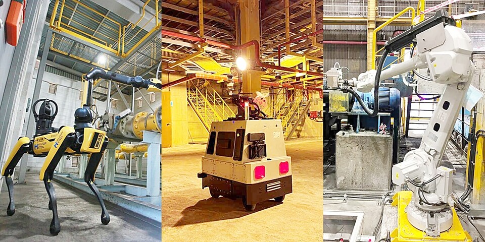 철강업계가 불황을 극복하고 미래 경쟁력을 강화하기 위해 AI 기술을 기반으로 디지털 전환에 주력하고 있다. 사진 왼쪽부터 현대제철의 4족 보행 로봇, 포스코의 원격점검 로봇, 동국제강의 오토태그머신. 사진=각사