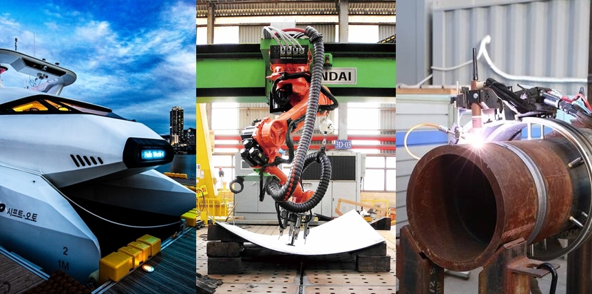 AI 입는 K-조선업계. 사진 왼쪽부터 삼성중공업이 공개한 완전 자율운항 연구선박 ‘시프트 오토(SHIFT-Auto)’, 현대중공업이 선박 건조에 적용 중인 ‘자동 곡 성형 로봇시스템’, 한화오션_오비탈 GTAW 용접장치 로봇. 사진=각사