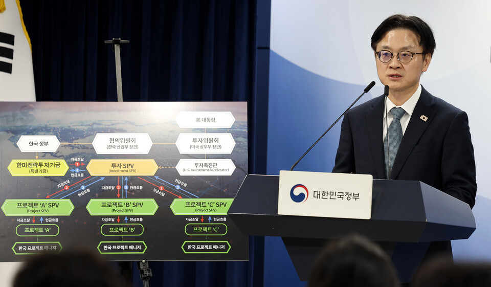 팩트시트 관련 브리핑하는 김정관 산업통상부 장관. 사진=뉴시스