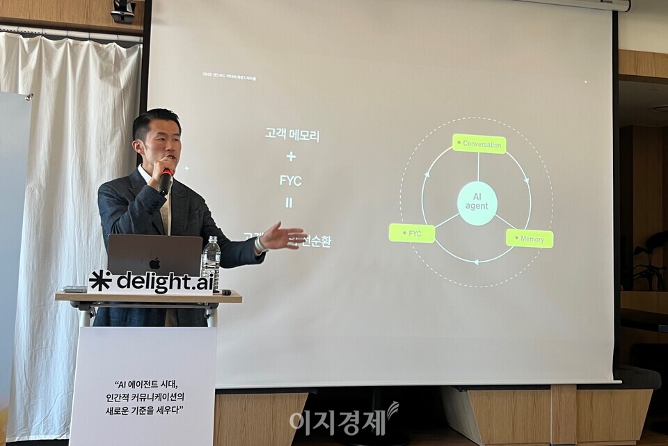 이상희 센드버드코리아 대표가 미디어 라운드테이블 행사에서 브랜드 맞춤형 AI 컨시어지 ‘Delight AI’를 공개했다. 사진=이지경제