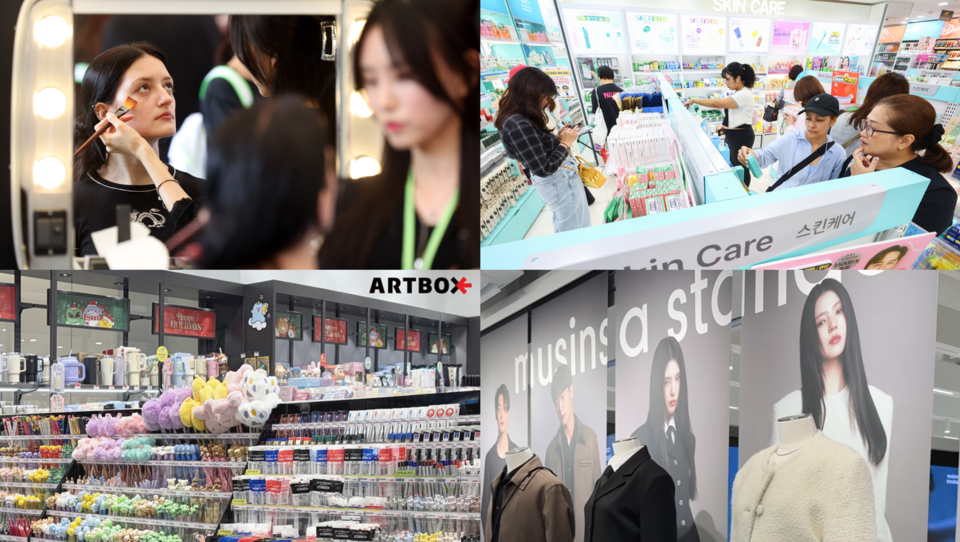 (사진 왼쪽 위부터 시계방향으로) 2025 올리브영 뷰티 페스타, 다이소를 방문한 관광객들, 무신사 스탠다드 매장, 아트박스의 K-문구들. 사진=각사