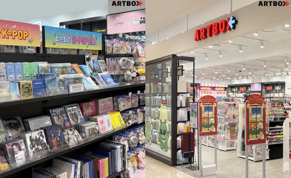 아트박스 내 한국 아티스트들의 앨범과 굿즈 공간(사진 왼쪽)과 아트박스 전경. 사진=아트박스